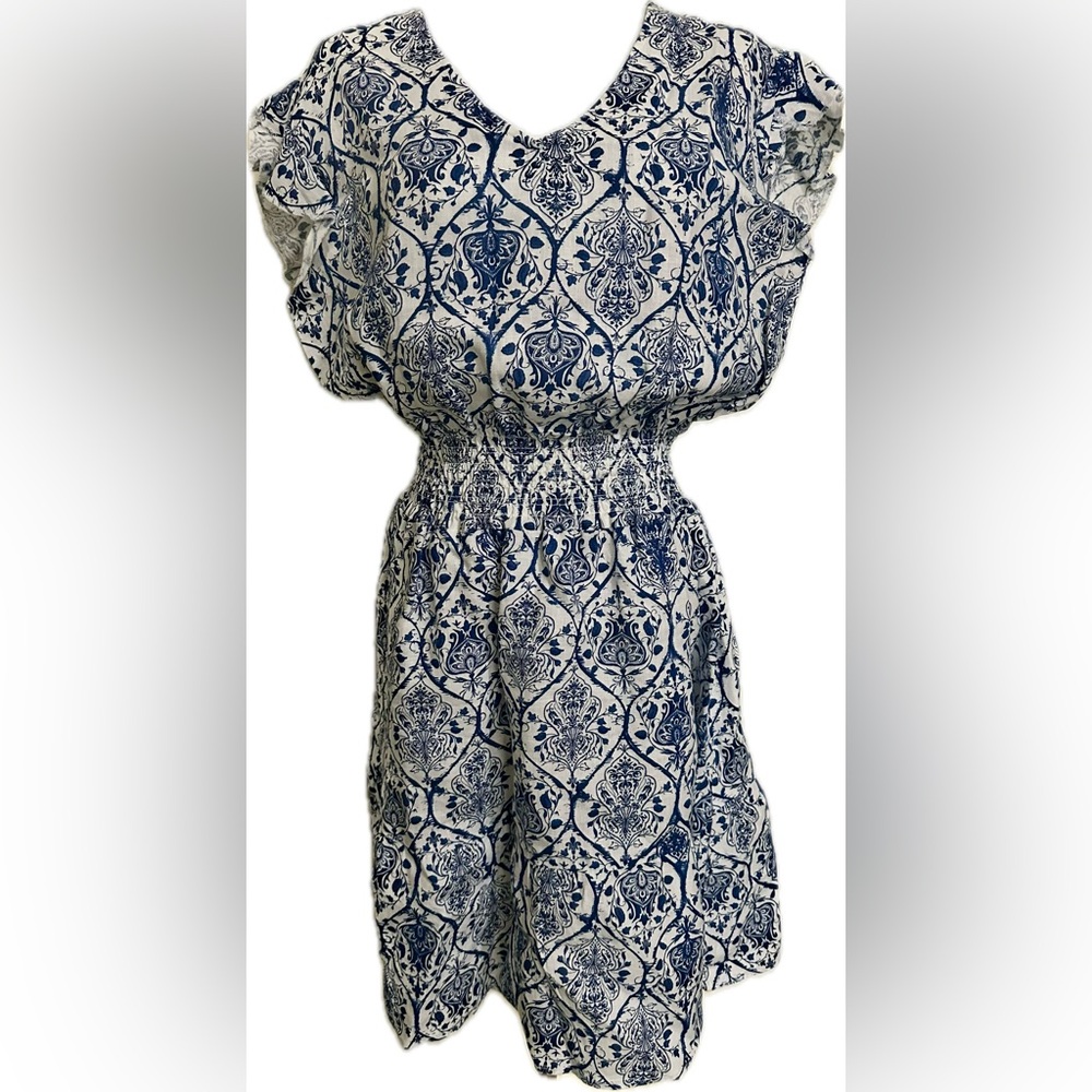 Saks on Fifth Blue and White Flutter Sleeve Sundress